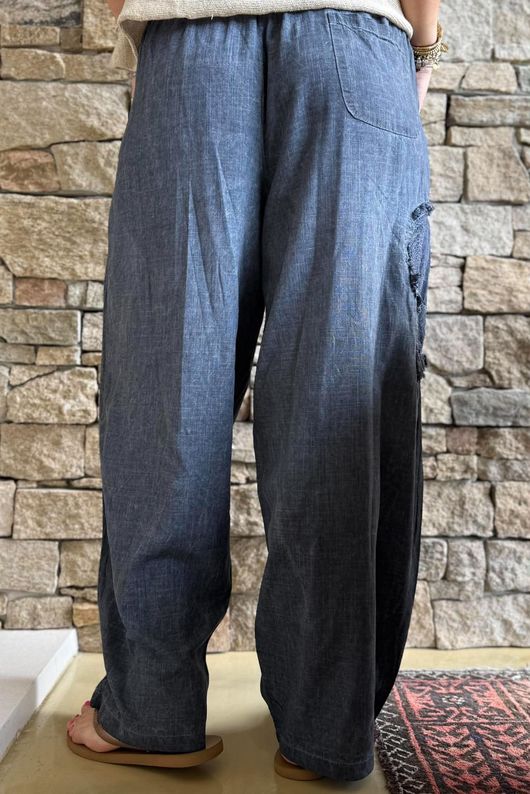 Lindin Linen Blend Crochet Flower Barrel Pant Washed Navy